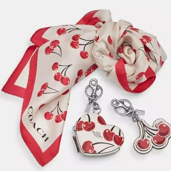 🍒 Cherry Swirl Print Silk Square Scarf - Picture 3 of 9